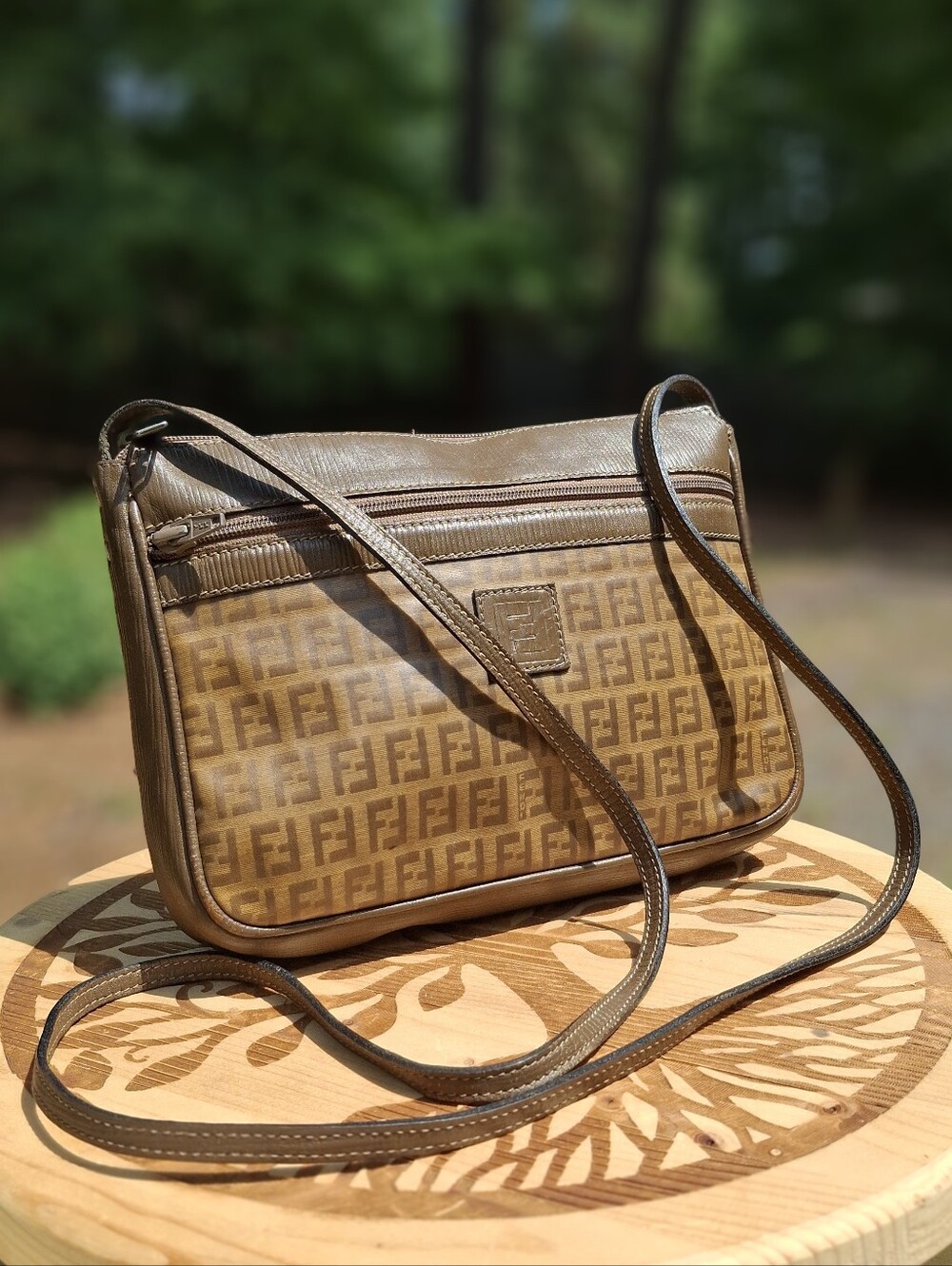 Vintage 1970's Fendi SAS Leather Coated Canvas Zucchino Monogram Crossbody Bag
